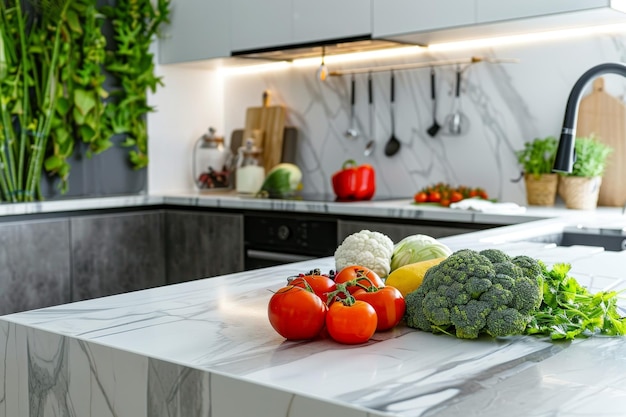 Modern kitchen with marble countertop and fresh produce encouraging healthy living