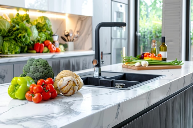 Modern kitchen with marble countertop and fresh produce encouraging healthy living