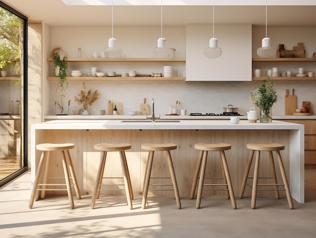 Modern kitchen with marble island and wooden stools