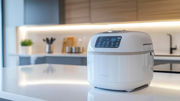 A modern kitchen with a multicooker on a white countertop showcasing sleek design