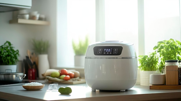 A modern kitchen with a rice cooker on the counter surrounded by fresh vegetables and herbs