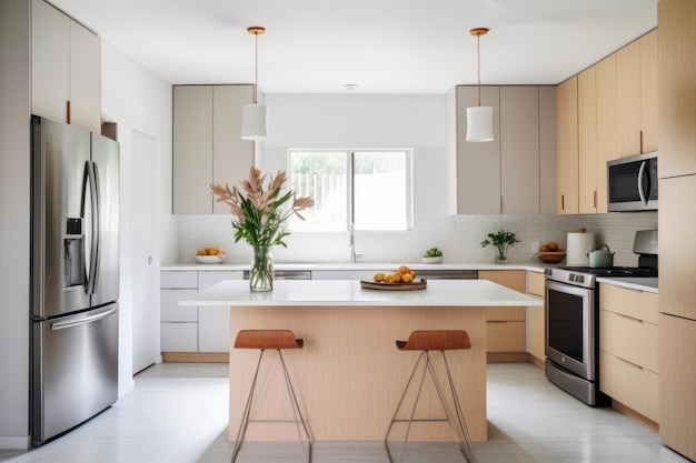 Modern kitchen with a spacious center island and sleek stools