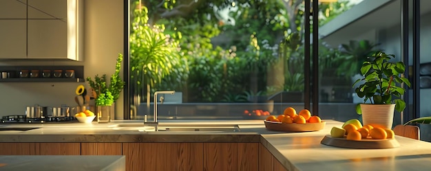 Modern Kitchen with Sunlit Countertop and Tropical View Illustration