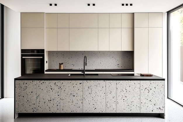 Modern kitchen with terrazzo island and minimalist cabinetry design