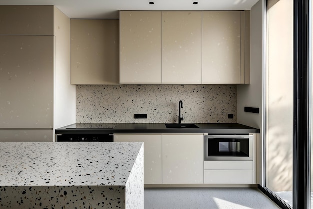 Modern kitchen with terrazzo island and minimalist cabinetry design