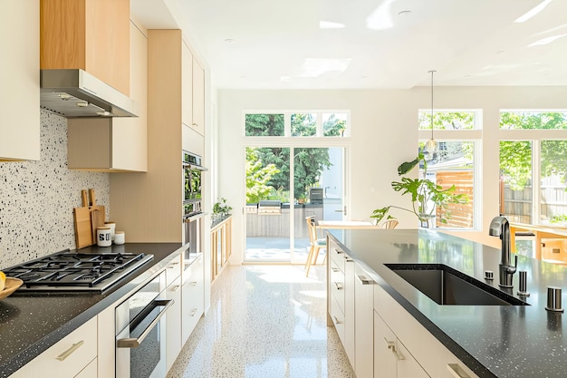 Modern kitchen with terrazzo island and minimalist cabinetry design