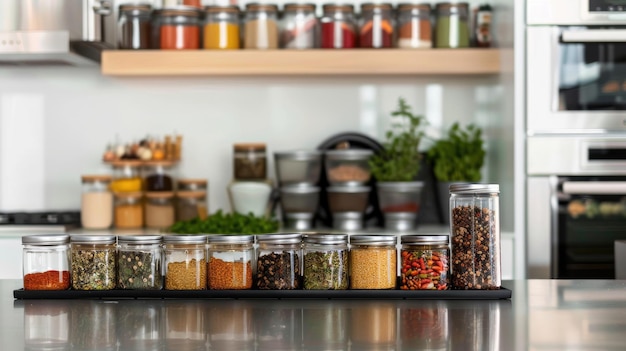 Modern kitchen with various spices in glass jars