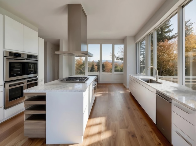 Photo modern kitchen with white cabinets and stainless steel appliances