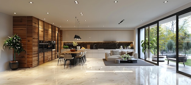 A modern kitchen with white marble flooring wooden walls and cabinets