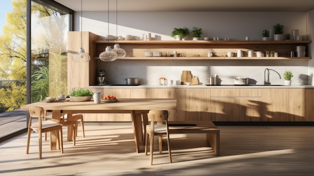 Modern kitchen with white and wooden cabinets with window