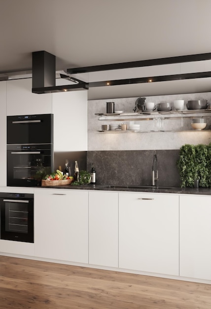 modern kitchen with white and wooden walls wooden floor white cupboards and built in cooker