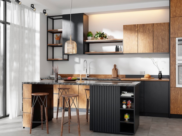 Modern kitchen with wooden cabinets and pendant lamp, minimalist design