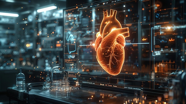 Modern Laboratory Displaying Advanced Heart Imaging Technology and Interactive Research Tools in Futuristic Environment