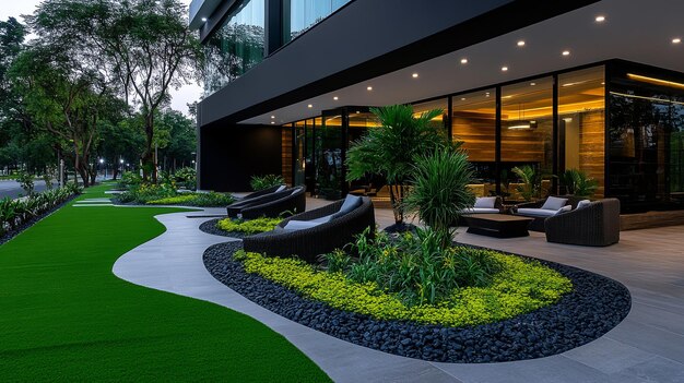 Modern Landscape Design with Lush Greenery and Seating