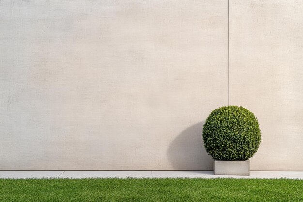 Photo modern landscaping with a spherical green shrub in a minimalist garden against a clean neutral wall backdrop