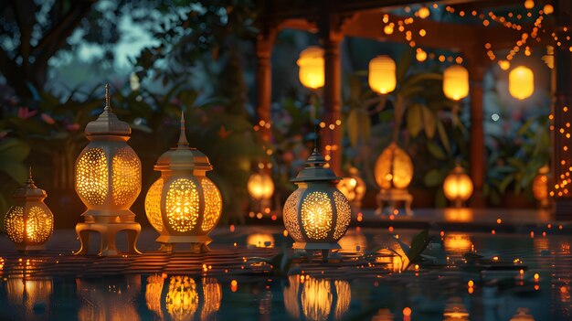 Modern lantern lights and LED ketupat lamps ai image