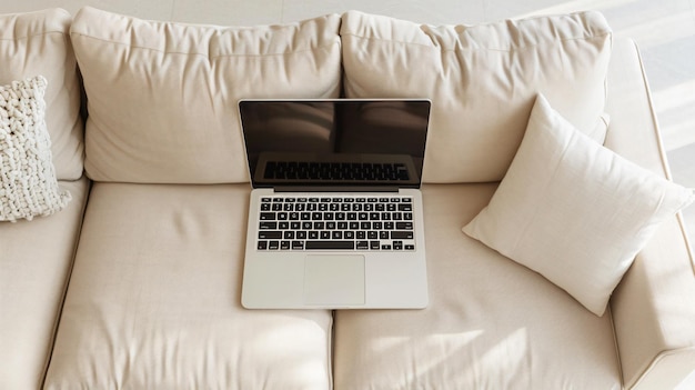 Modern Laptop Computer on Beige Couch