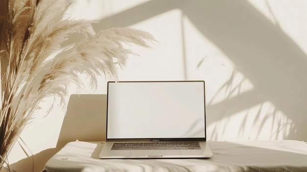 Modern Laptop Computer with Blank Screen and Pampas Grass Bouquet