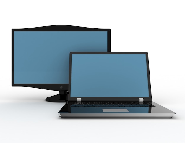 Modern laptop and the display on a white background 3d renered illustration