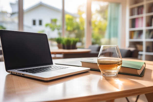 Modern Laptop and Refreshing Glass of Water on Table in Bright Living Room with Expansive Window