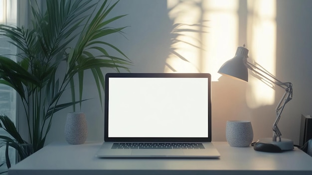 Modern laptop with blank screen on desk with vase and lamp