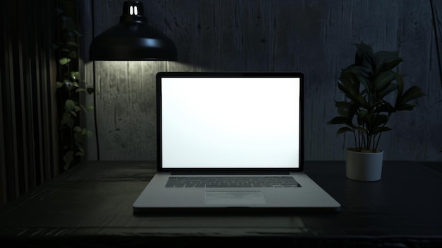 A modern laptop with a blank screen sits on a stylish dark desk lit by a sleek black lamp in a minimalist workspace with plant decor