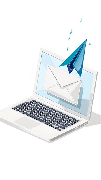 Modern Laptop with Emerging Envelope and Blue Arrow on White Background