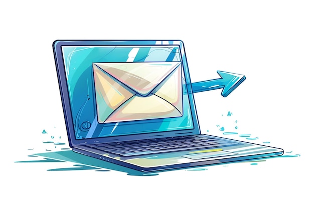 Modern Laptop with Emerging Envelope and Blue Arrow on White Background