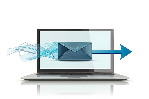 Photo modern laptop with emerging envelope and blue arrow on white background