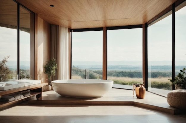 Modern large bathroom with panoramic windows and a beautiful view from the window