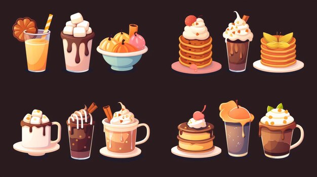 Photo modern latte coffee cup with a chocolate cake in the center and a cappuccino drink with cream in the background for dessert in a cafe sweet bakery ui assets collection for breakfast menu design in a