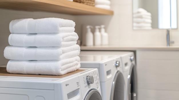 A modern laundry room featuring a stackable washer and dryer set with clean towels neatly folded on a shelf symbolizing efficiency and organization