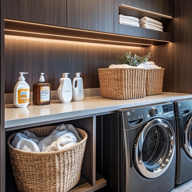 A modern laundry room with a washer and dryer baskets filled with clothes and detergent bottles