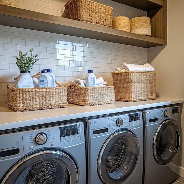 A modern laundry room with a washer and dryer baskets filled with clothes and detergent bottles