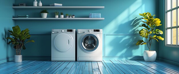 Modern laundry room with white washer and dryer blue walls and a plant in a pot