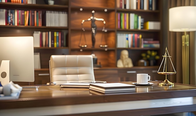 A modern law office scene featuring a neatly organized desk with legal documents