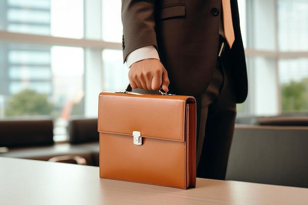 Modern leather briefcase on office desk