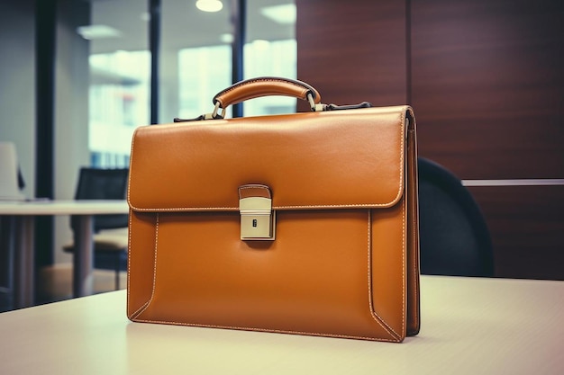 Modern leather briefcase on office desk