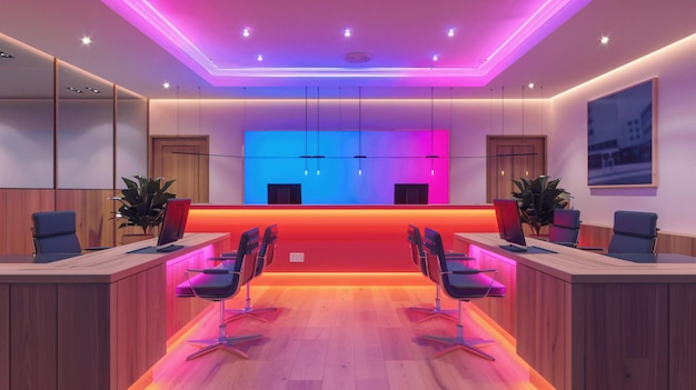 A modern legal firm with interactive digital courtrooms and neon consultation rooms featuring a sleek and hightech design