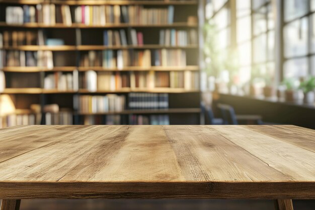 Photo modern library background with wood table for product display