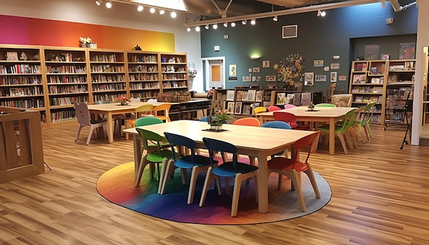 Photo modern library with bright multi colored bookshelf table and chair generated by ai