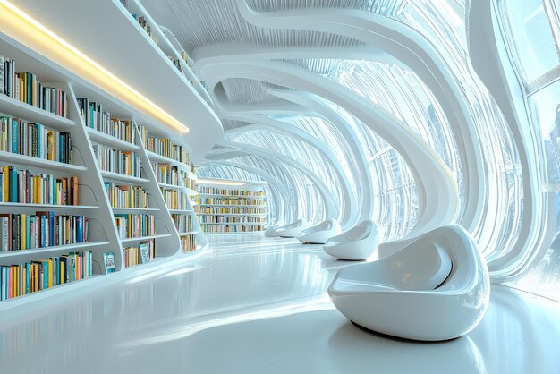 Photo a modern library with innovative design features bright spacious interior filled with bookshelves and unique seating sleek white aesthetic creates calming atmosphere for reading and studying