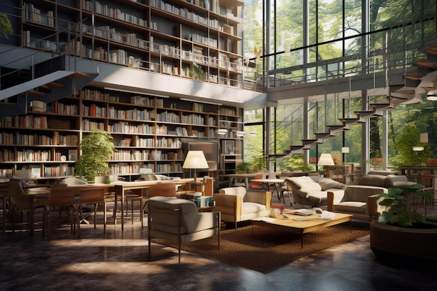 A modern library with large windows Library interior