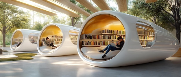 Photo modern library with suspended reading pods