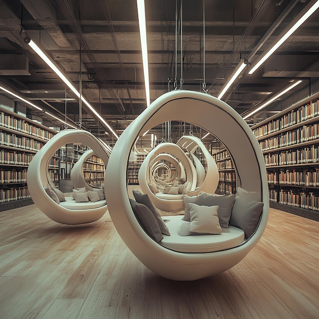 Photo modern library with suspended reading pods