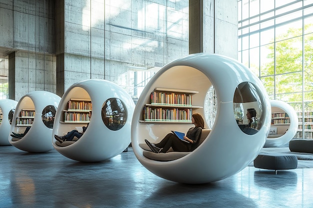 Photo modern library with suspended reading pods