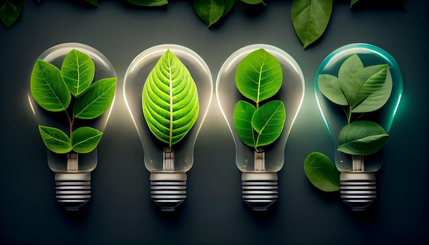 Modern lightbulbs with green leaves energy saving eco concept top view Power efficiency