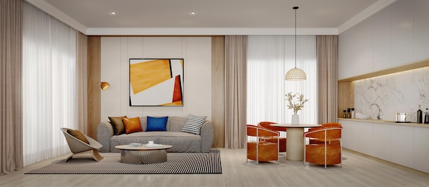 Modern living and dining room panorama