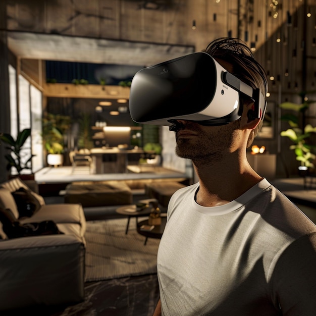 Modern Living Man Experiencing Virtual Reality in Stylish Home Interior