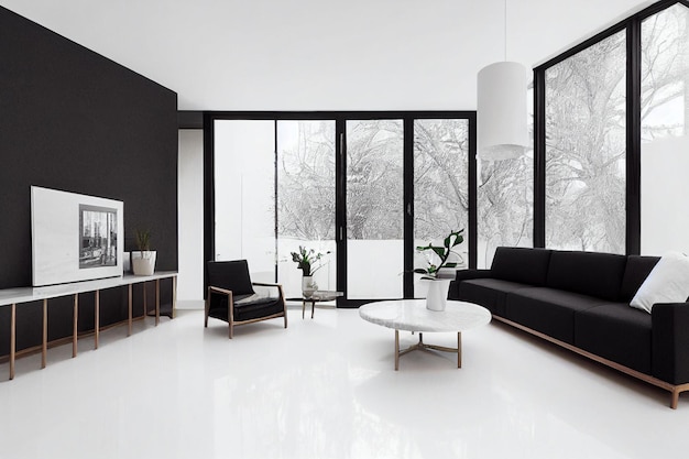 Modern living room 3D render with white luxurious furniture